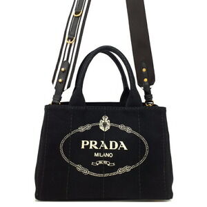 Prada Canapa Tote canvas handbag top handles 2way Black